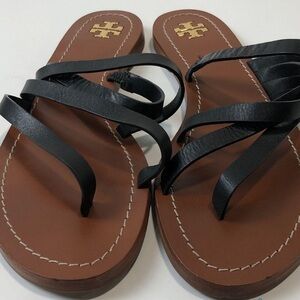 Women’s Tory Burch Black Leather Strappy Flats Sandals Size 8M